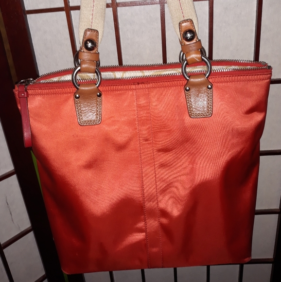 Stained nylon orange tan Coach purse with canvas - Picture 3 of 16